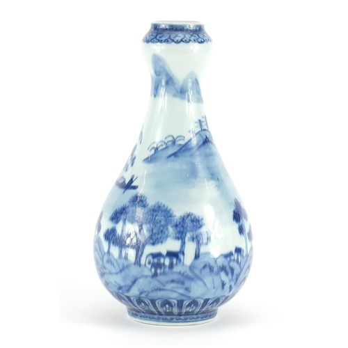 340 - Chinese blue and white porcelain garlic neck vase, hand painted with a river landscape, six figure c... 