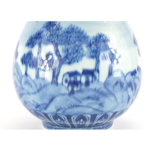 340 - Chinese blue and white porcelain garlic neck vase, hand painted with a river landscape, six figure c... 