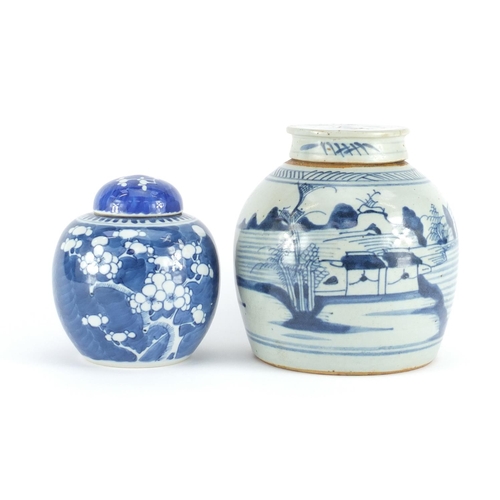 360 - Two Chinese jars and covers, including a blue and white porcelain example hand painted with prunus f... 