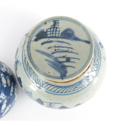 360 - Two Chinese jars and covers, including a blue and white porcelain example hand painted with prunus f... 