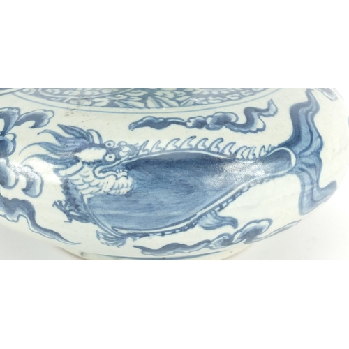 341 - Chinese blue and white porcelain hookah base, hand painted with mythical animals and flowers, 12.5cm... 