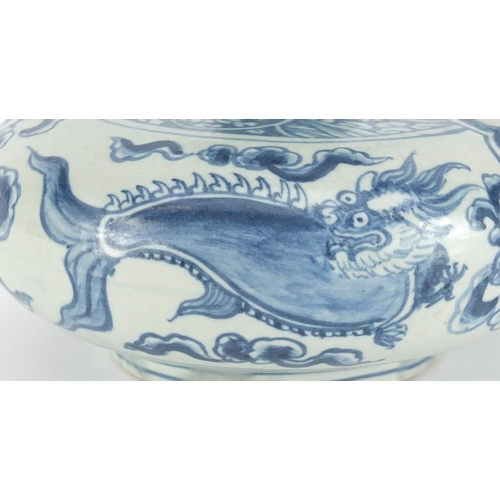 341 - Chinese blue and white porcelain hookah base, hand painted with mythical animals and flowers, 12.5cm... 
