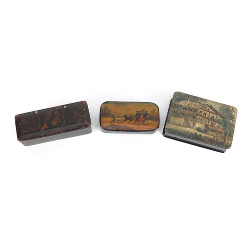 61 - Three antique papier-mâché snuff boxes including an example decorate with a horse drawn carriage, th... 