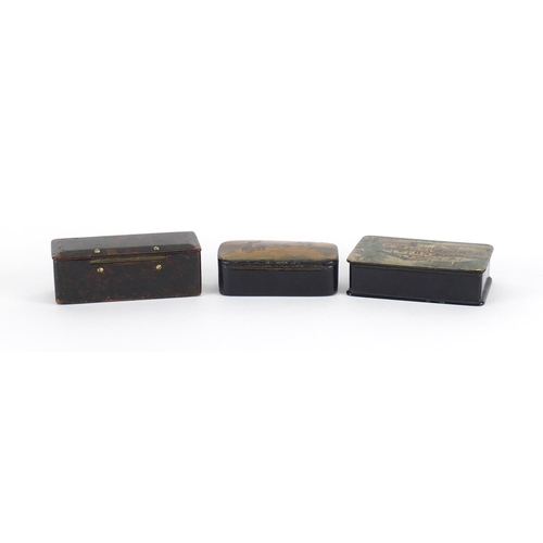 61 - Three antique papier-mâché snuff boxes including an example decorate with a horse drawn carriage, th... 