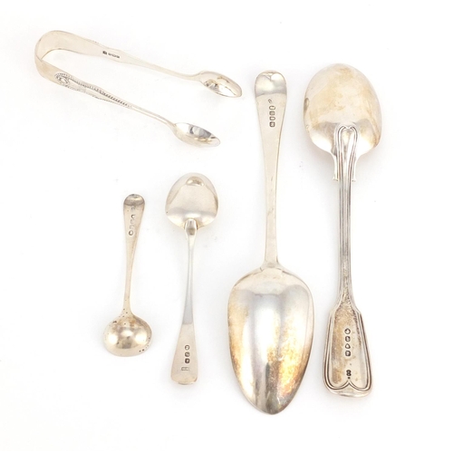 832 - Georgian and later silver flatware comprising two tablespoons, teaspoon, salt spoon and sugar tongs,... 