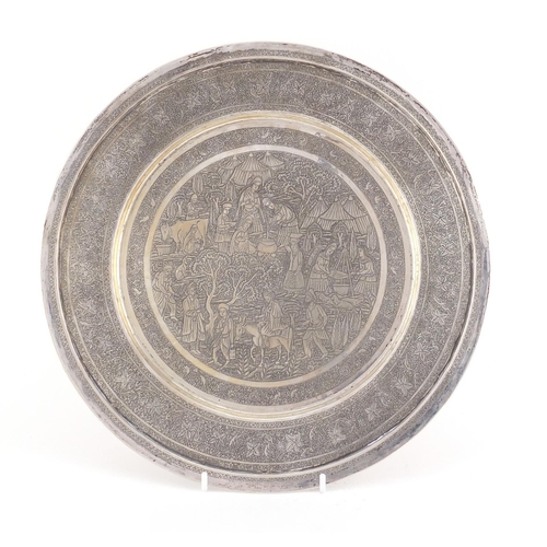 509 - Persian circular silver tray profusely engraved with figures, cattle and birds amongst flowers, impr... 