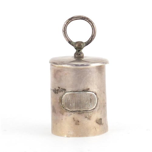 744 - Victorian cylindrical silver vesta in the form of a weight, patent no.13307, retailed by J C Vickery... 