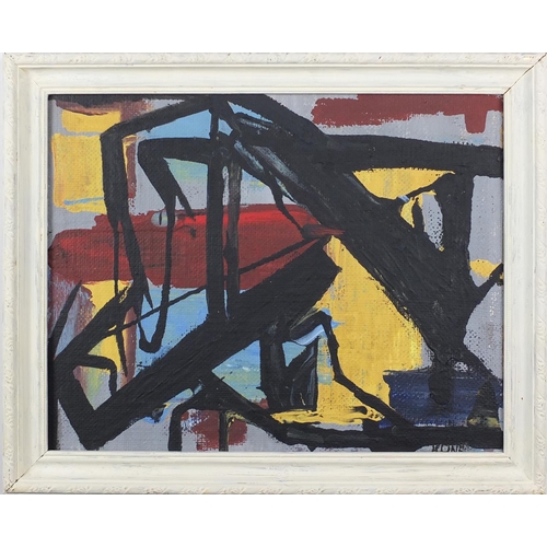 2189 - Abstract composition, oil on board, bearing a signature Kone, framed, 36.5cm x 29cm