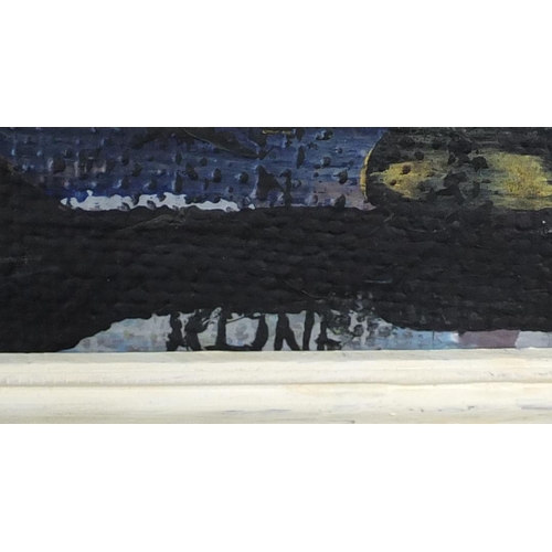 2189 - Abstract composition, oil on board, bearing a signature Kone, framed, 36.5cm x 29cm