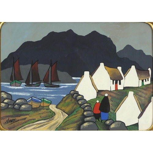 2322 - Figures and buildings before boats in water, Irish school gouache, bearing a signature Markey, frame... 