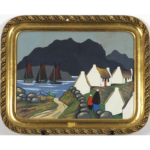 2322 - Figures and buildings before boats in water, Irish school gouache, bearing a signature Markey, frame... 