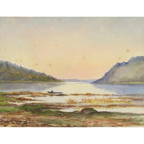 2187 - Manner of William Percy French - Boat in a lake, watercolour, mounted and framed, 32.5cm x 25cm