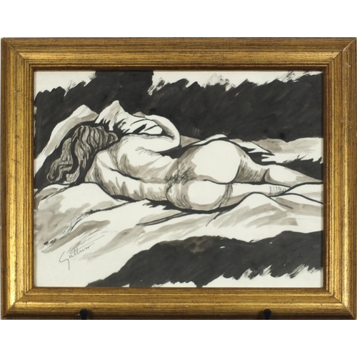 2476 - Sleeping nude female, Italian school ink and watercolour, bearing a signature Guttuso, framed, 35cm ... 