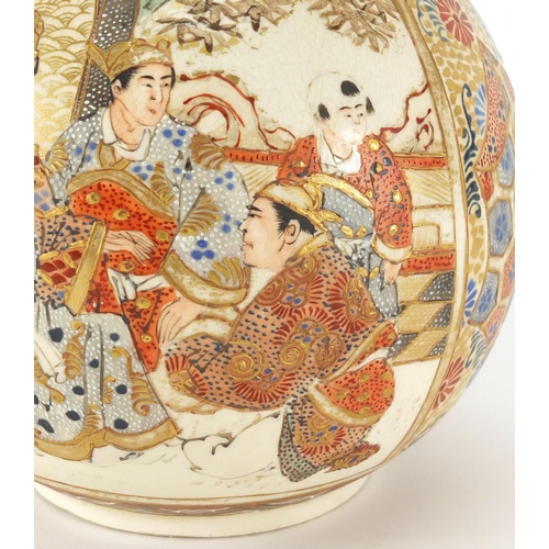 454 - Japanese Satsuma pottery vase, hand painted with figures and flowers, 31cm high