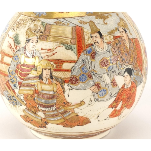 454 - Japanese Satsuma pottery vase, hand painted with figures and flowers, 31cm high