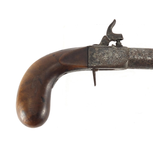 324 - Antique percussion cap pistol engraved with flowers, 20.5cm in length