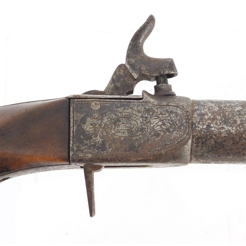 324 - Antique percussion cap pistol engraved with flowers, 20.5cm in length