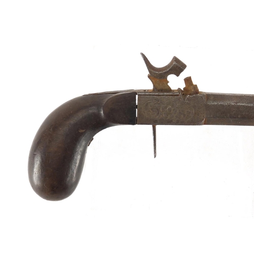 328 - Antique percussion cap pistol with octagonal barrel, engraved with flowers, 17cm in length