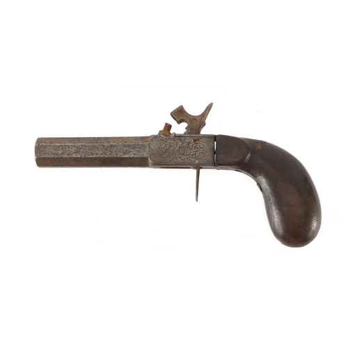 328 - Antique percussion cap pistol with octagonal barrel, engraved with flowers, 17cm in length