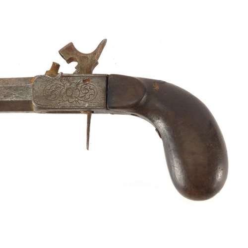 328 - Antique percussion cap pistol with octagonal barrel, engraved with flowers, 17cm in length