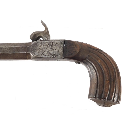 325 - Antique percussion cap pistol, engraved with flowers, 18cm in length