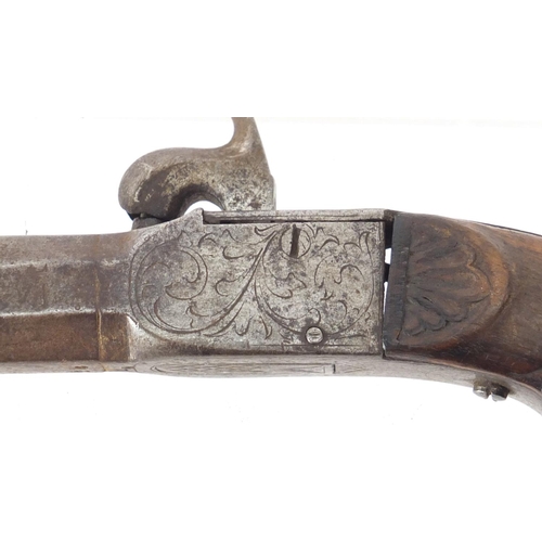 325 - Antique percussion cap pistol, engraved with flowers, 18cm in length