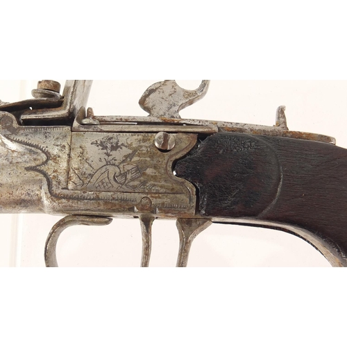 326 - Antique flintlock pistol, with engraved steel plate, 16.5cm in length