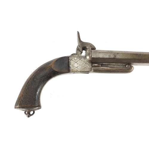 322 - Antique double barrel percussion cap pistol, 26cm in length