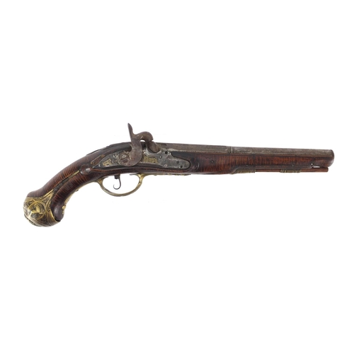 318 - Antique percussion cap pistol, with ornate brass mounts and engraved steel barrel, 42.5cm in length