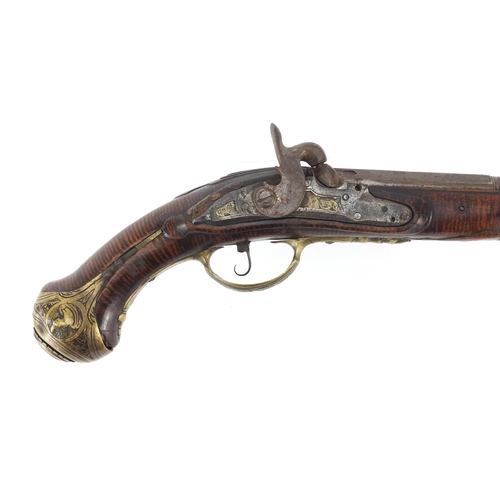 318 - Antique percussion cap pistol, with ornate brass mounts and engraved steel barrel, 42.5cm in length