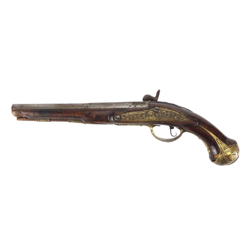 318 - Antique percussion cap pistol, with ornate brass mounts and engraved steel barrel, 42.5cm in length