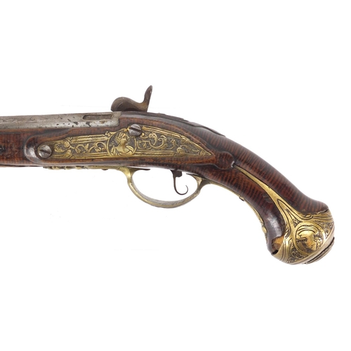 318 - Antique percussion cap pistol, with ornate brass mounts and engraved steel barrel, 42.5cm in length