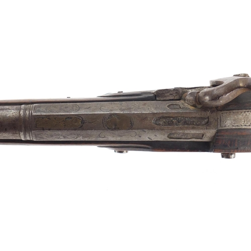 318 - Antique percussion cap pistol, with ornate brass mounts and engraved steel barrel, 42.5cm in length