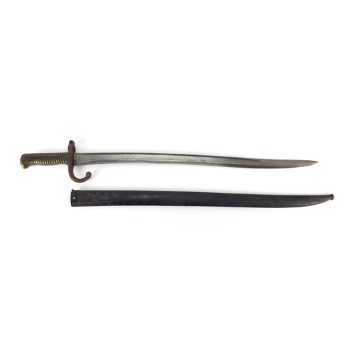 306 - French Military interest long bayonet with scabbard, 71cm in length