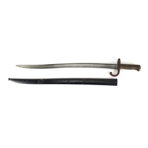 306 - French Military interest long bayonet with scabbard, 71cm in length