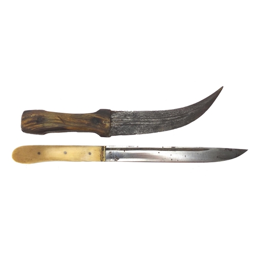 597 - Two Ottoman and Middle Eastern knives comprising a Yatagan with leather sheath and bone handle and o... 