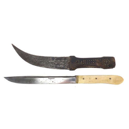 597 - Two Ottoman and Middle Eastern knives comprising a Yatagan with leather sheath and bone handle and o... 