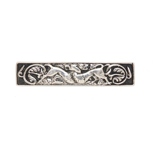 740 - Scottish sterling silver Iona bar brooch depicting griffins, 7cm long, 18.8g