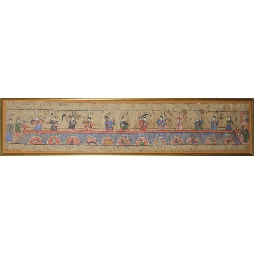 498 - Chinese folk art painting depicting warriors crossing a bridge, character marks, framed, 128.5cm x 2... 