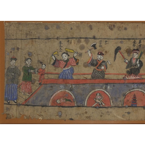 498 - Chinese folk art painting depicting warriors crossing a bridge, character marks, framed, 128.5cm x 2... 