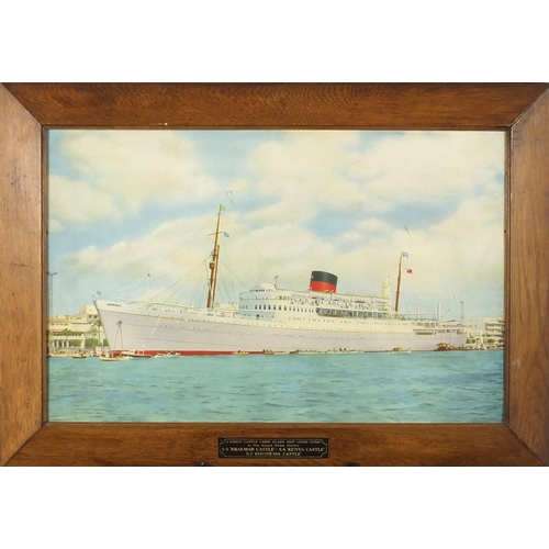 25 - Shipping interest advertising board depicting a Union Castle Cabin Class ship, housed in an oak fram... 