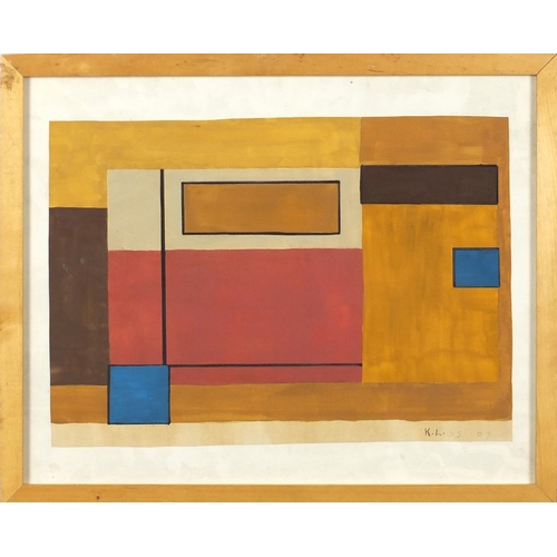 1261 - Abstract composition, geometric shapes, gouache on paper, bearing a monogram KL, framed, 44cm x 31cm