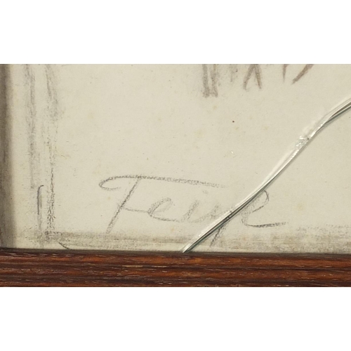 1037 - Feige, figures running away, pencil on paper, bearing a monogram WL and inscription verso, framed, 3... 