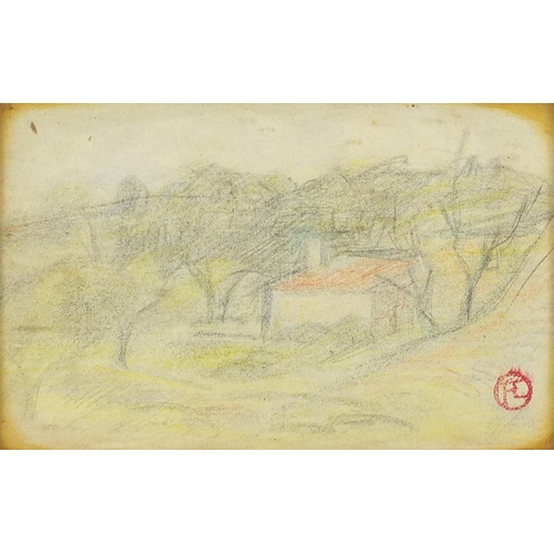 1032 - Landscape with an orange topped building,  pencil on paper, bearing a red stamp, mounted and framed,... 