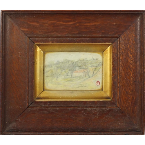 1032 - Landscape with an orange topped building,  pencil on paper, bearing a red stamp, mounted and framed,... 