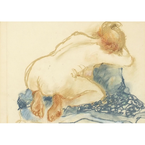 1241 - Nude female, watercolour on paper, bearing a monogram ES verso, framed, 32.5cm x 24cm
