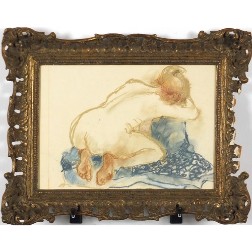 1241 - Nude female, watercolour on paper, bearing a monogram ES verso, framed, 32.5cm x 24cm