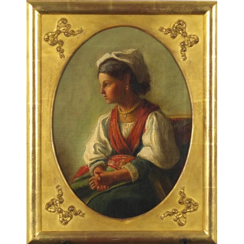 1031 - Portrait of an Italian girl, 19th century oval oil on canvas laid on board, framed, 33cm x 24cm