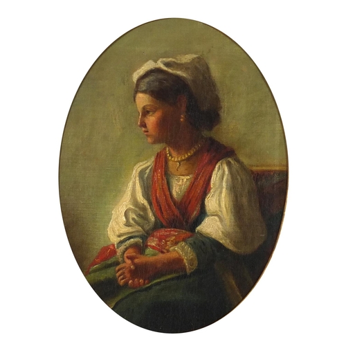 1031 - Portrait of an Italian girl, 19th century oval oil on canvas laid on board, framed, 33cm x 24cm