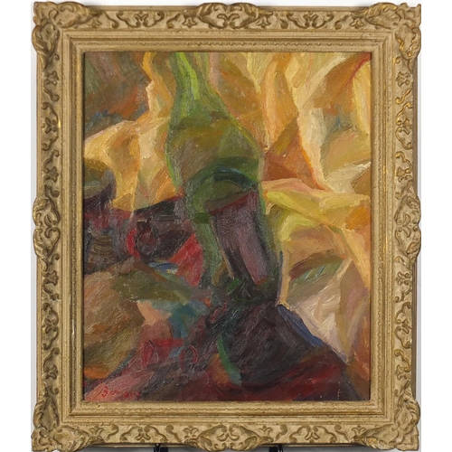 1034 - Abstract composition, still life, oil on canvas, bearing a signature Bomberg and inscription verso, ... 